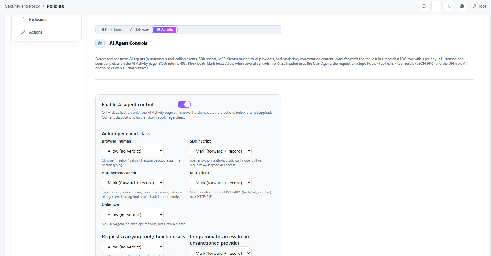 The AI agents tab: an action for each client class — browser, SDK or script, autonomous agent, MCP client and unknown — with separate dispositions for requests carrying tool calls and for programmatic access to an unsanctioned provider.