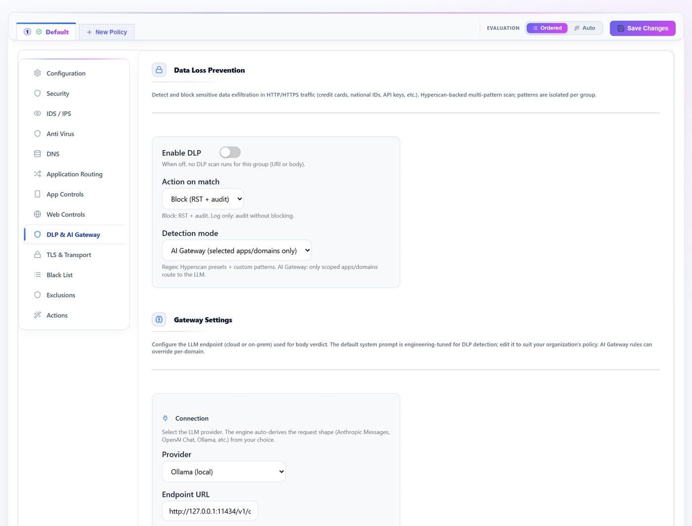 The DLP and AI gateway tab: the action taken on a match, the detection mode that routes the scoped applications to the gateway, and the gateway's connection settings with a local provider and endpoint.