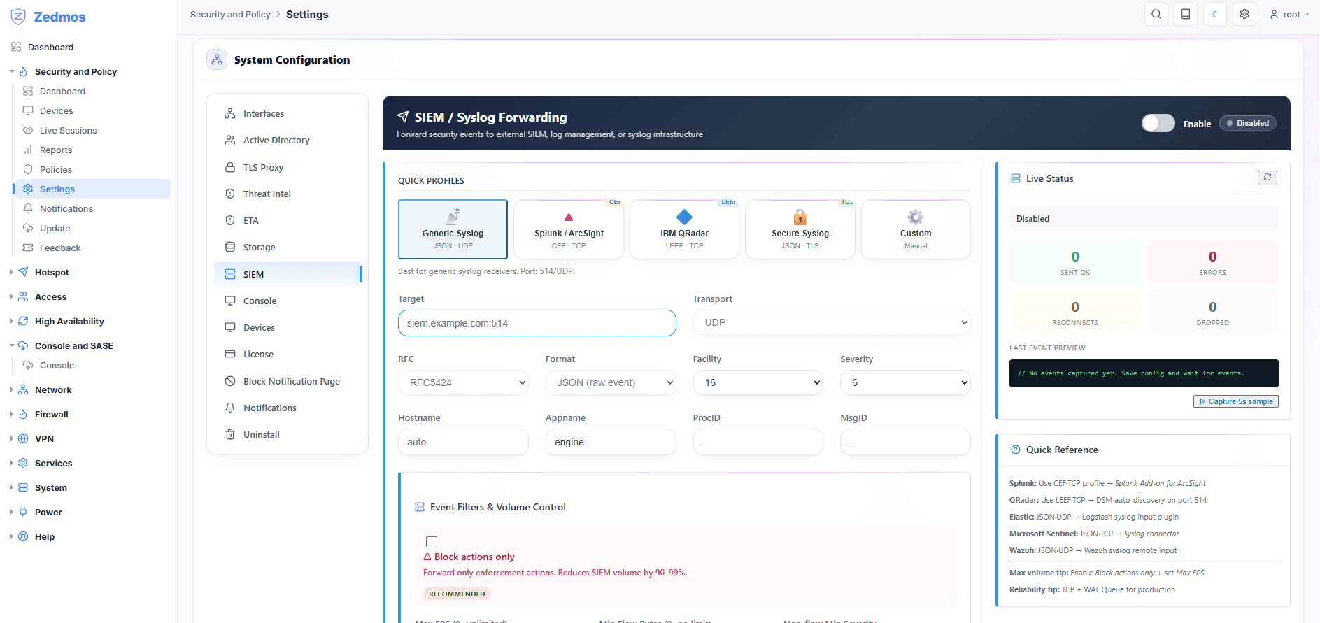 Genel syslog, Splunk ya da ArcSight, QRadar ve TLS üzerinden syslog için profiller; taşıma, RFC, biçim, tesis ve önem düzeyi burada ayarlanır. Yalnızca uygulama eylemlerini iletmek hacmi küçük bir kesre indirir ve yanındaki pano neyin gönderildiğini, neyin başarısız olduğunu ve neyin düşürüldüğünü sayar.