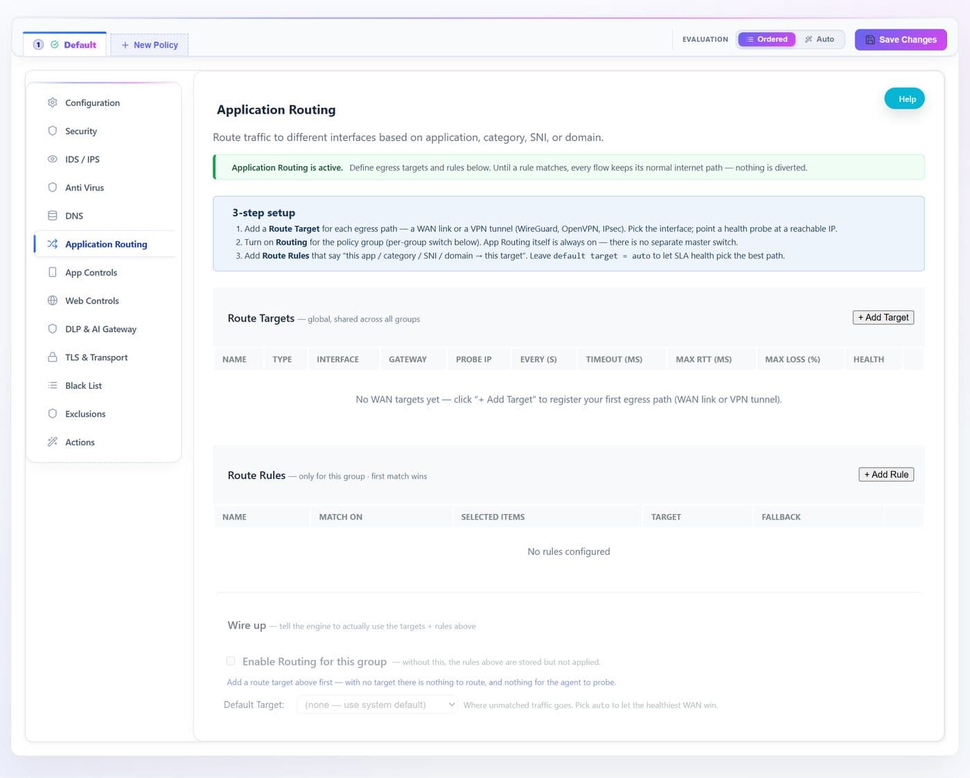 Application Routing — every documented control marked