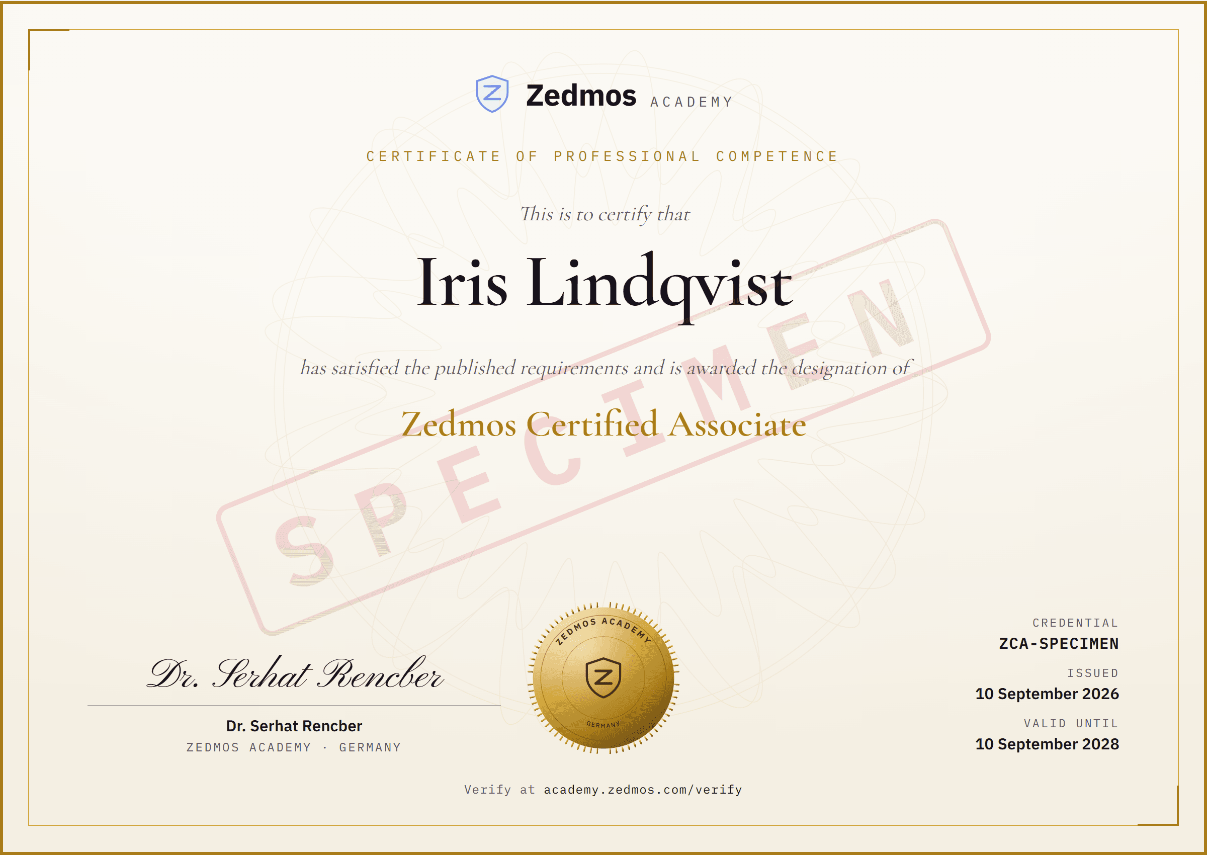 A specimen Zedmos Academy certificate: ruled border, guilloche background, the holder's name, the designation Zedmos Certified Associate, a gold seal, a signature and the credential number, watermarked Specimen.