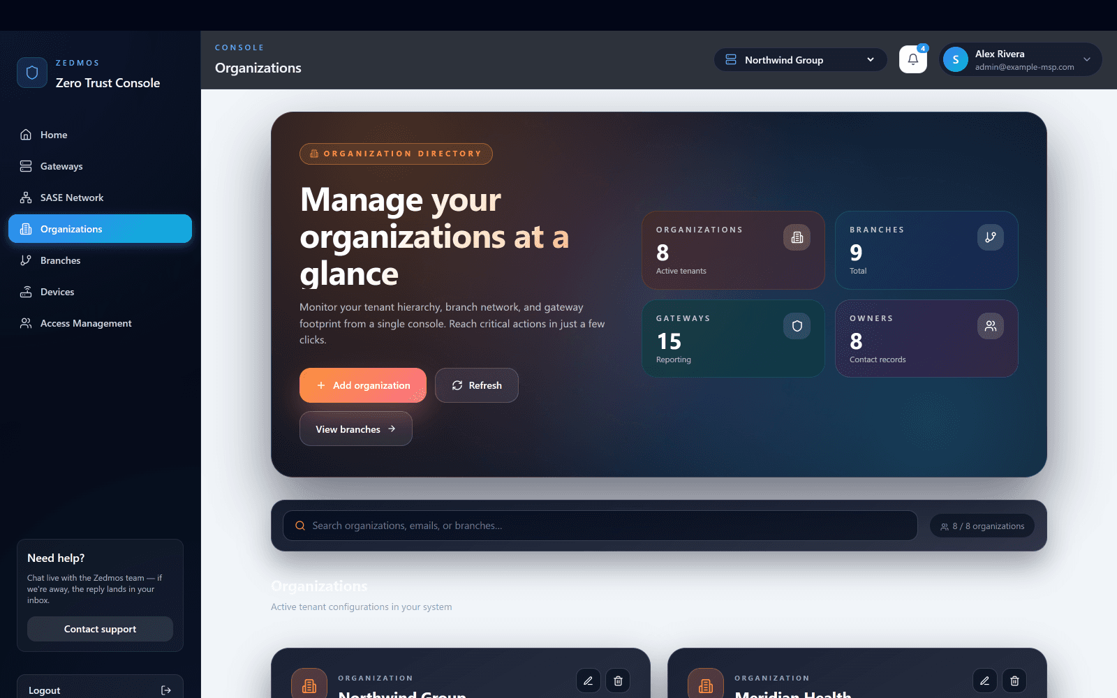 The organisations page of the console: a tenant switcher at the top, counters for organisations, branches, gateways and owners, and the organisation directory beneath.