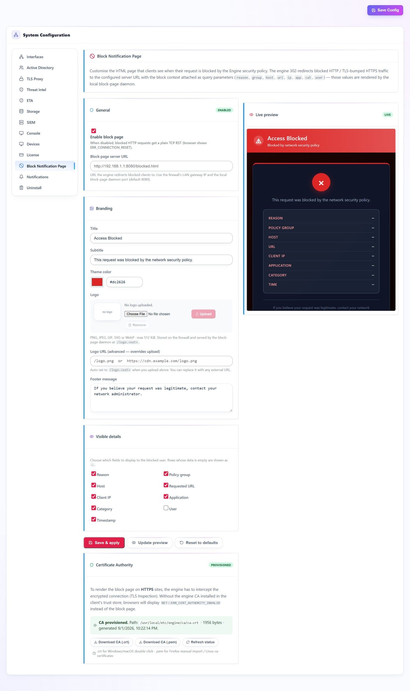 Block Notification Page — every documented control marked