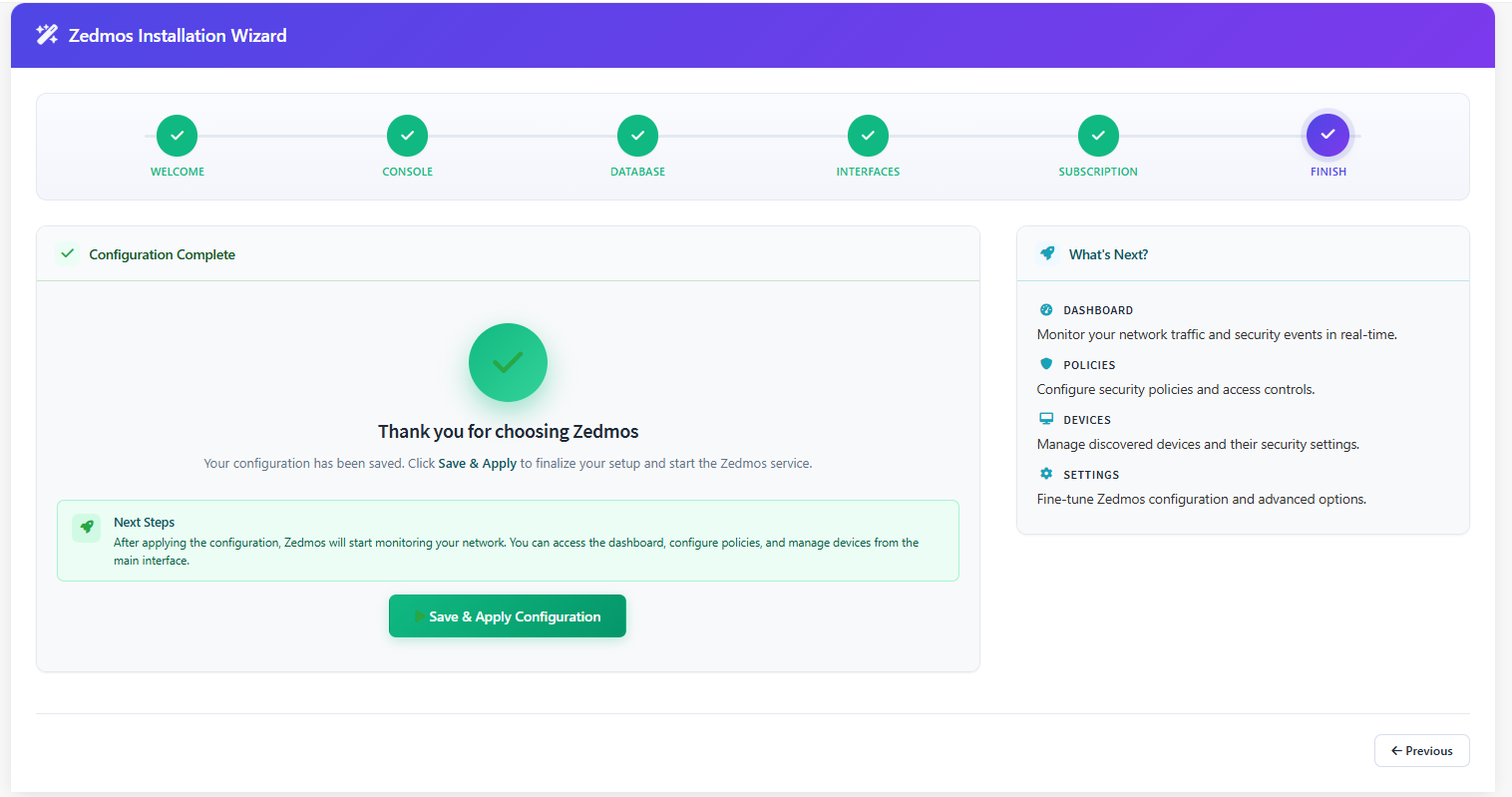 „Configuration Complete“-Bildschirm mit grüner Bestätigung „Thank you for choosing Zedmos“ und Save-&-Apply-Button.