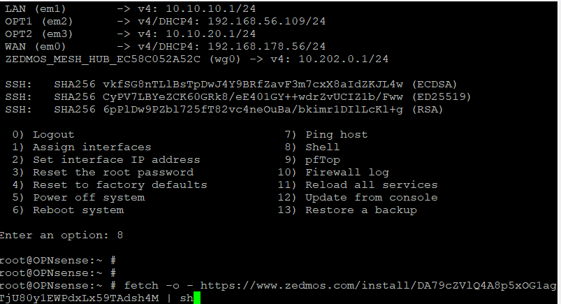 Die OPNsense-Shell mit dem fetch-Befehl, der auf https://www.zedmos.com/install/<token> zeigt.