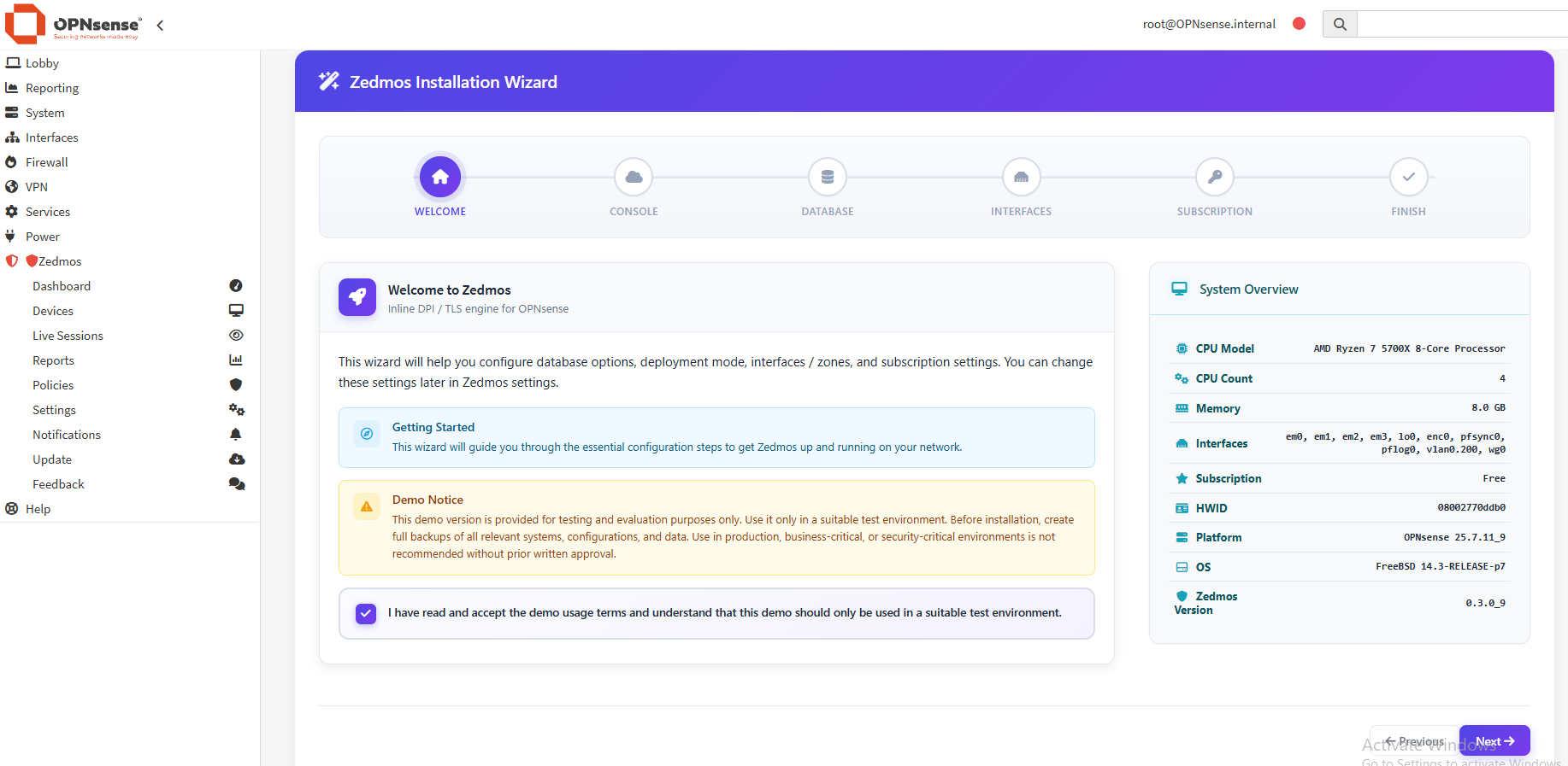 Der Zedmos Installation Wizard auf dem Welcome-Schritt — mit Checkbox für die Nutzungsbedingungen und Next-Button.