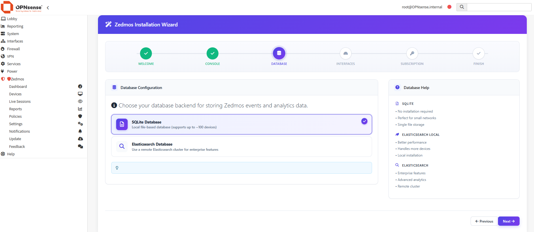 Datenbank-Auswahlbildschirm mit voreingestelltem SQLite und zwei Elasticsearch-Alternativen darunter.