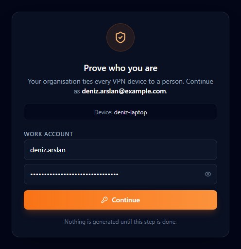 The identity step, which appears only when the tenant requires a sign-in. Here the tenant verifies against its own directory, so the person gets a work account form; a tenant with a sign-in provider gets a button that leaves for it instead, and a tenant with both gets the button, then “or”, then the form.
