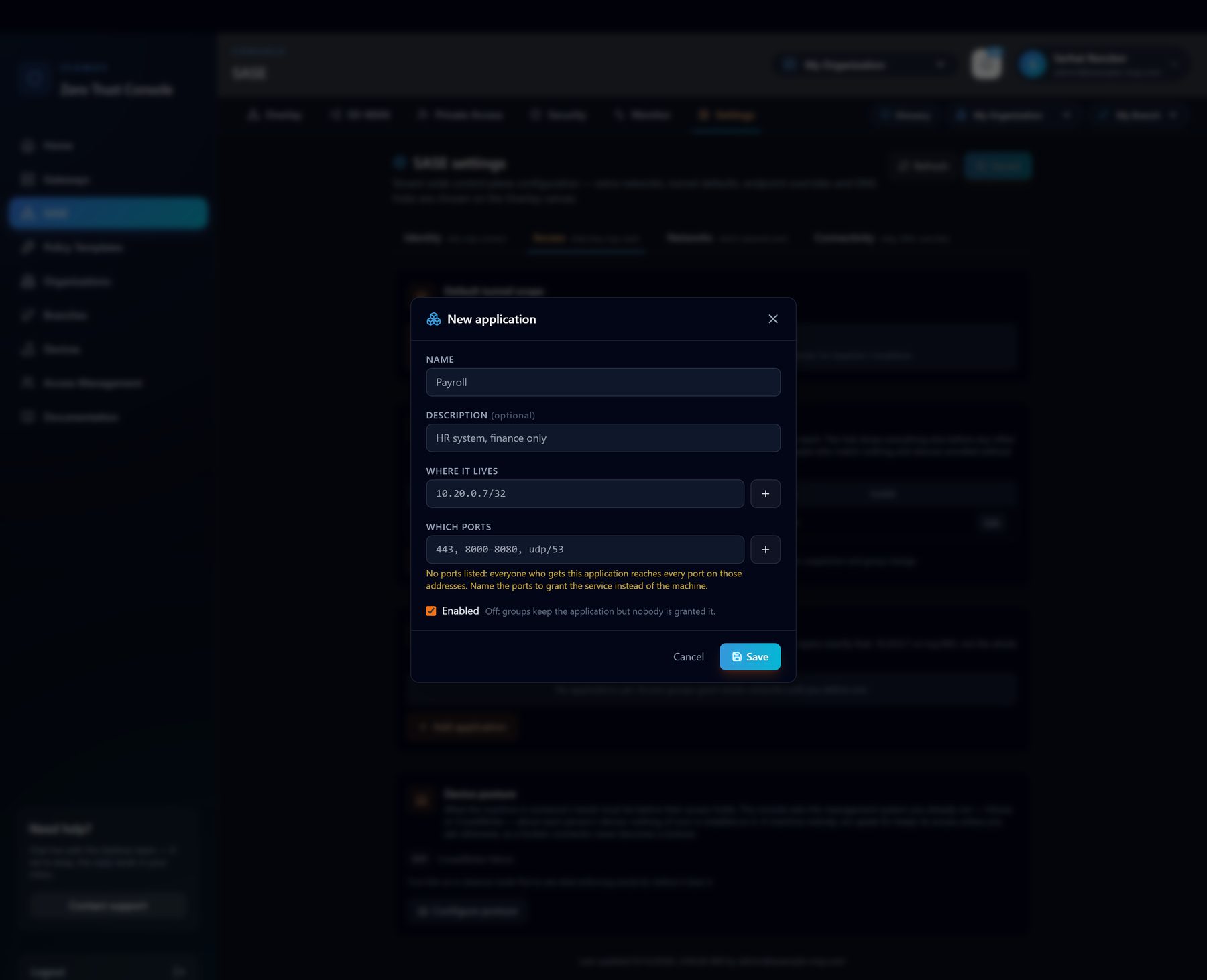 An application is an address and the ports it answers on. Leaving the ports empty is allowed and means every port, and the dialog says so.