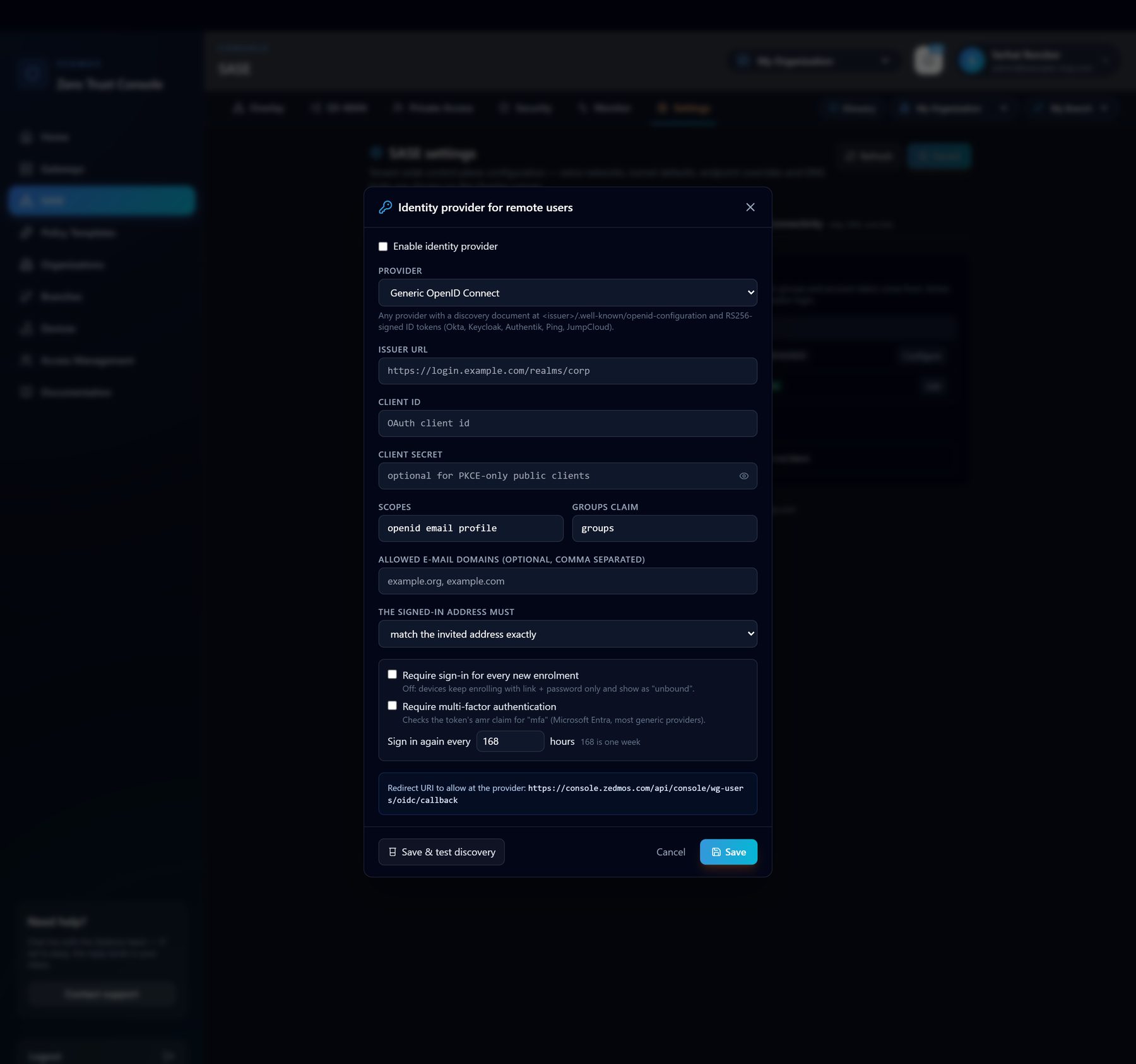 The sign-in provider dialog. The redirect URI at the bottom is the one address to allow at the provider.