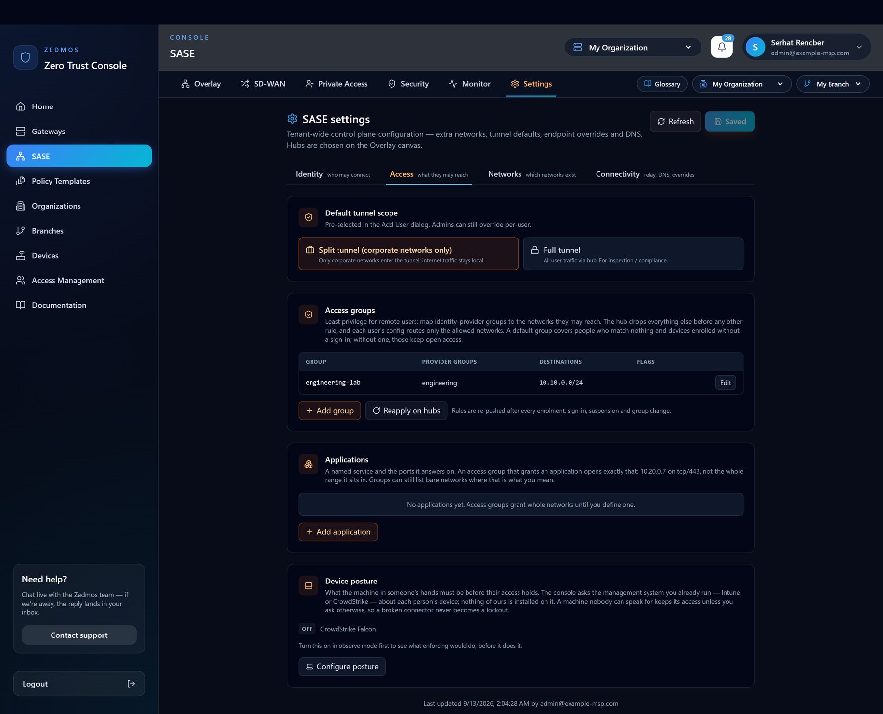 Access: groups, applications and device posture, read top to bottom — who, which service, on what machine.