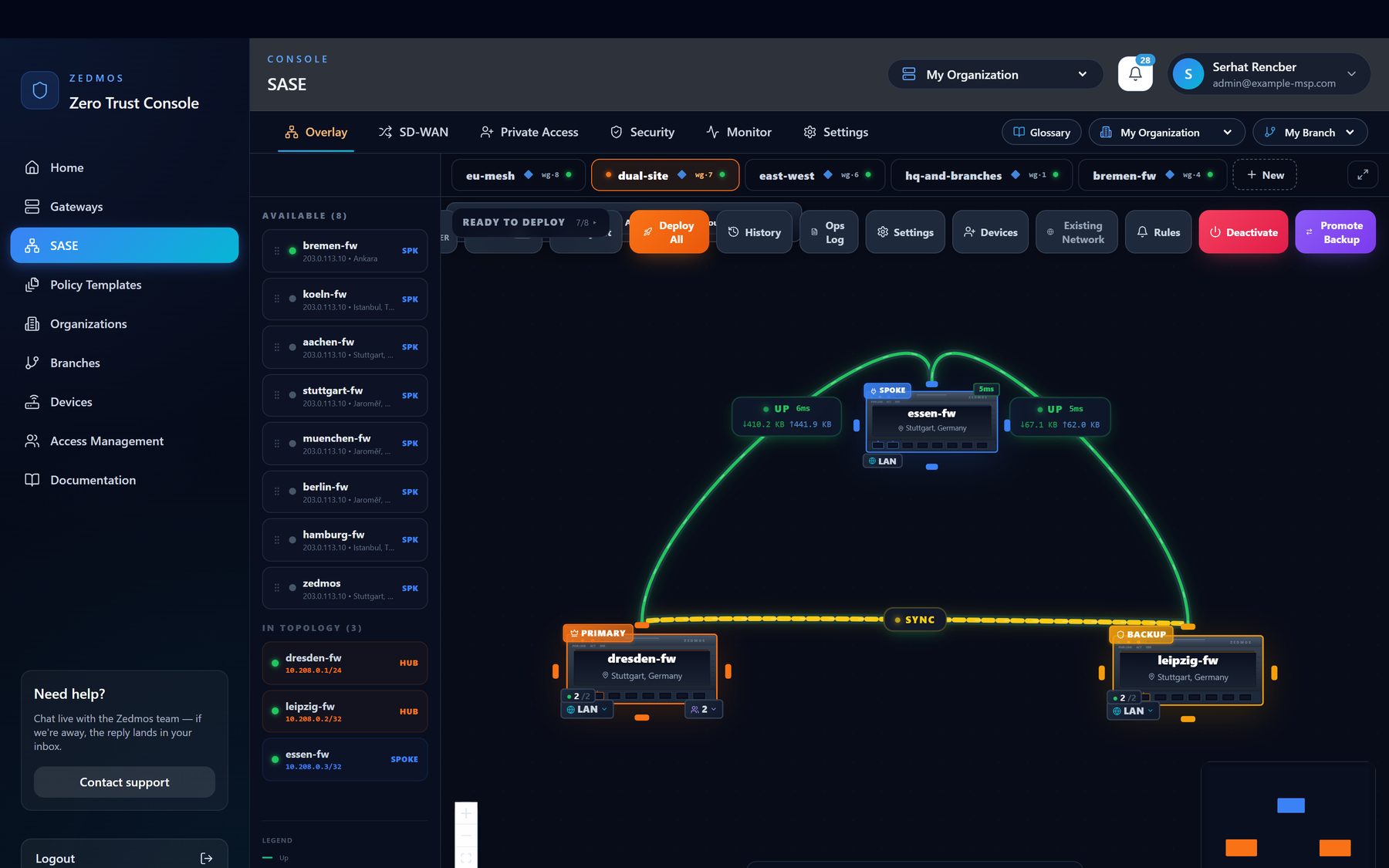 Dual hub. The second hub is drawn holding host routes only — it does not attract traffic while the primary answers.