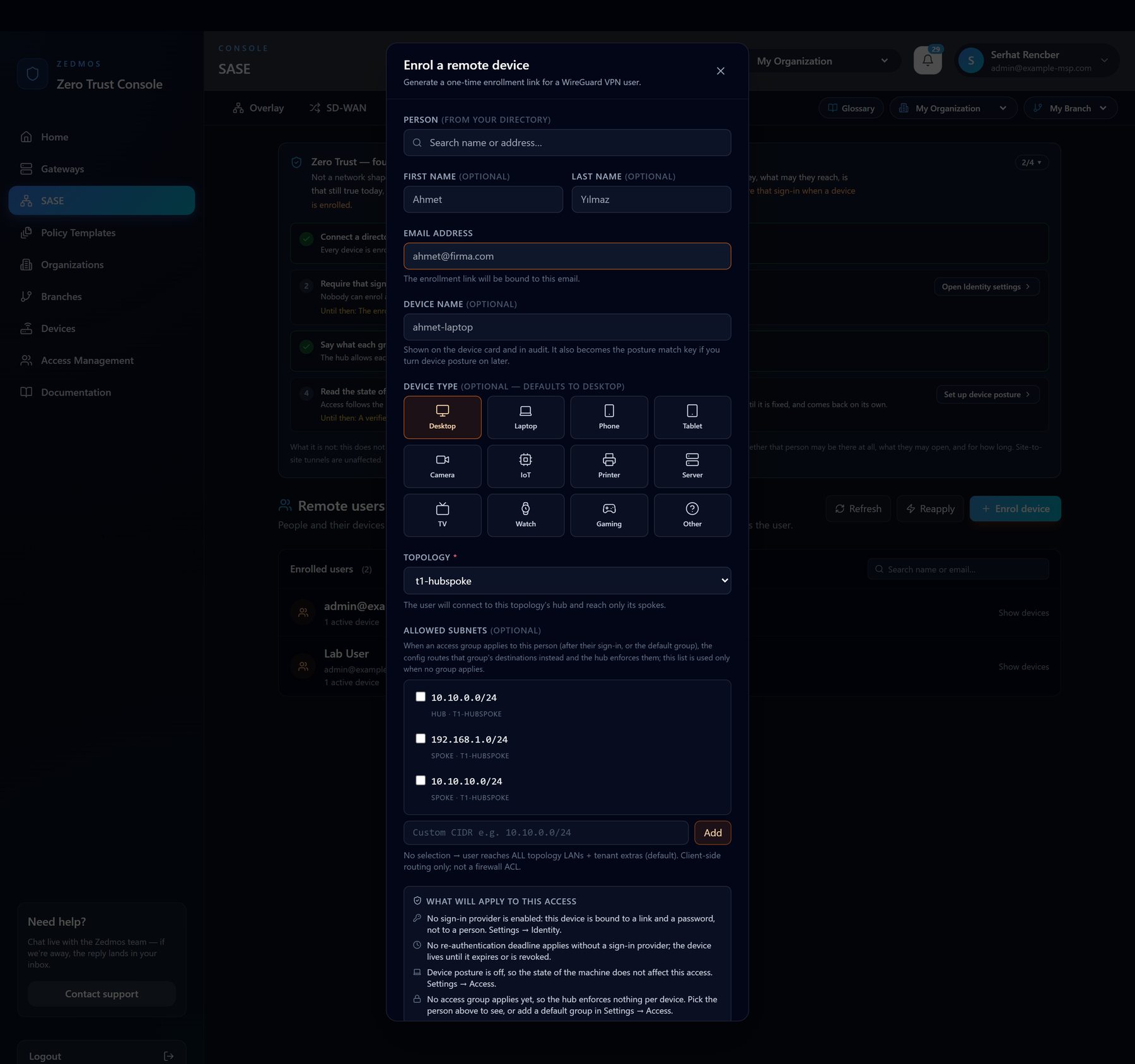 Enrolling a device. The person comes from the directory, the device name is what posture matches on, and the block at the bottom states what will be true of this access before the link is sent.