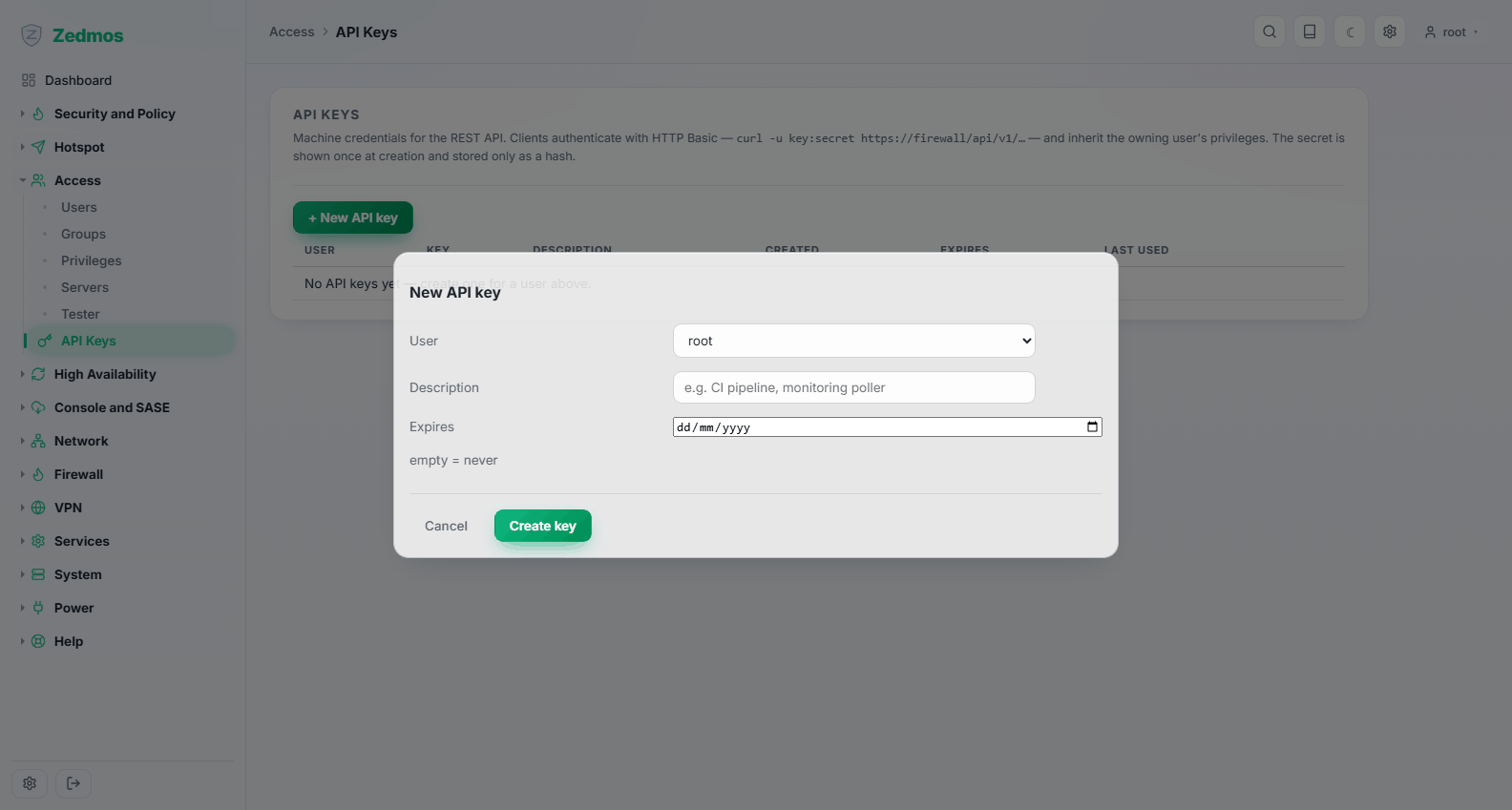 Access: creating an API key