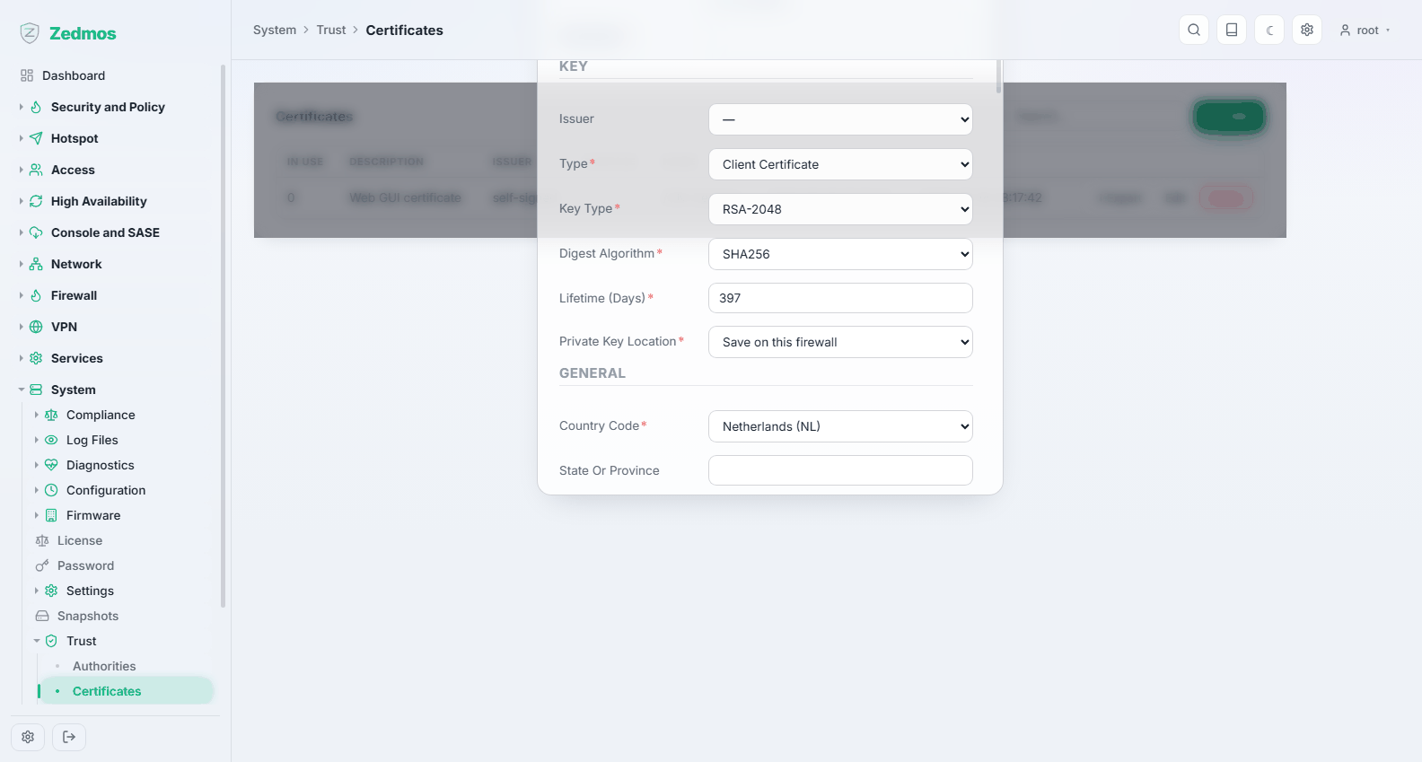 System: adding a certificate