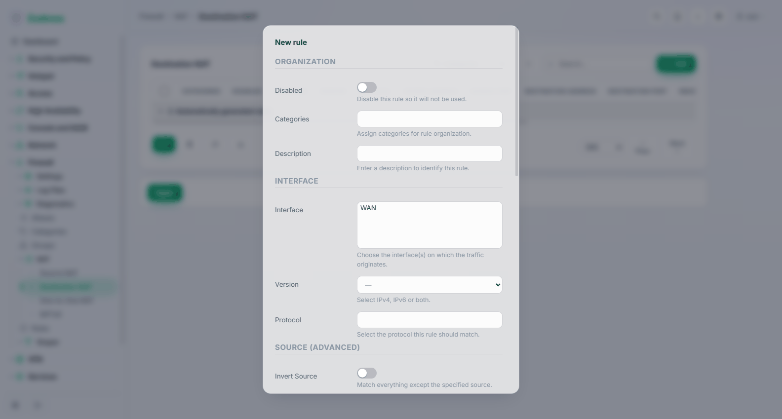 Firewall: adding a destination NAT rule