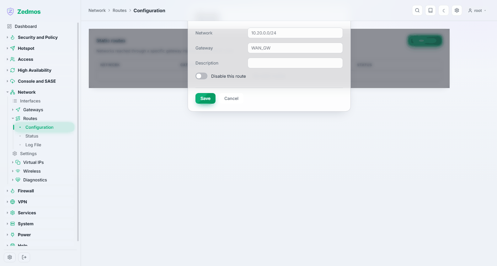 Network: Eine statische Route anlegen