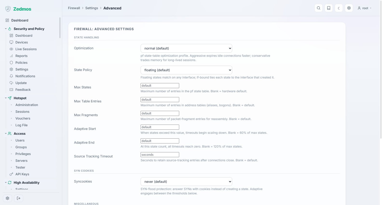 Firewall: Advanced settings