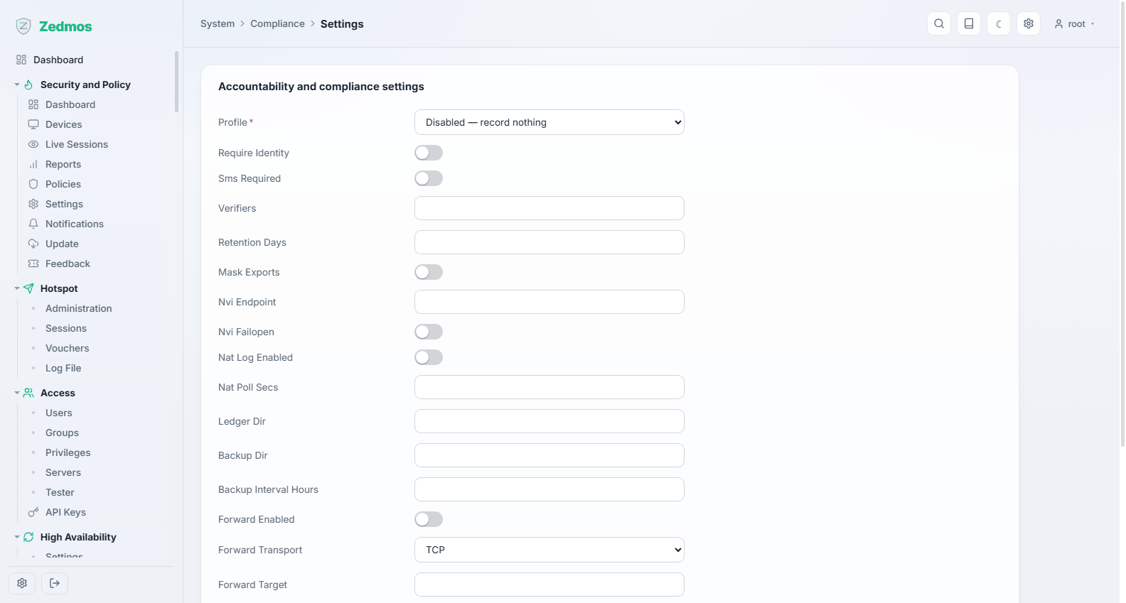 System: Compliance settings