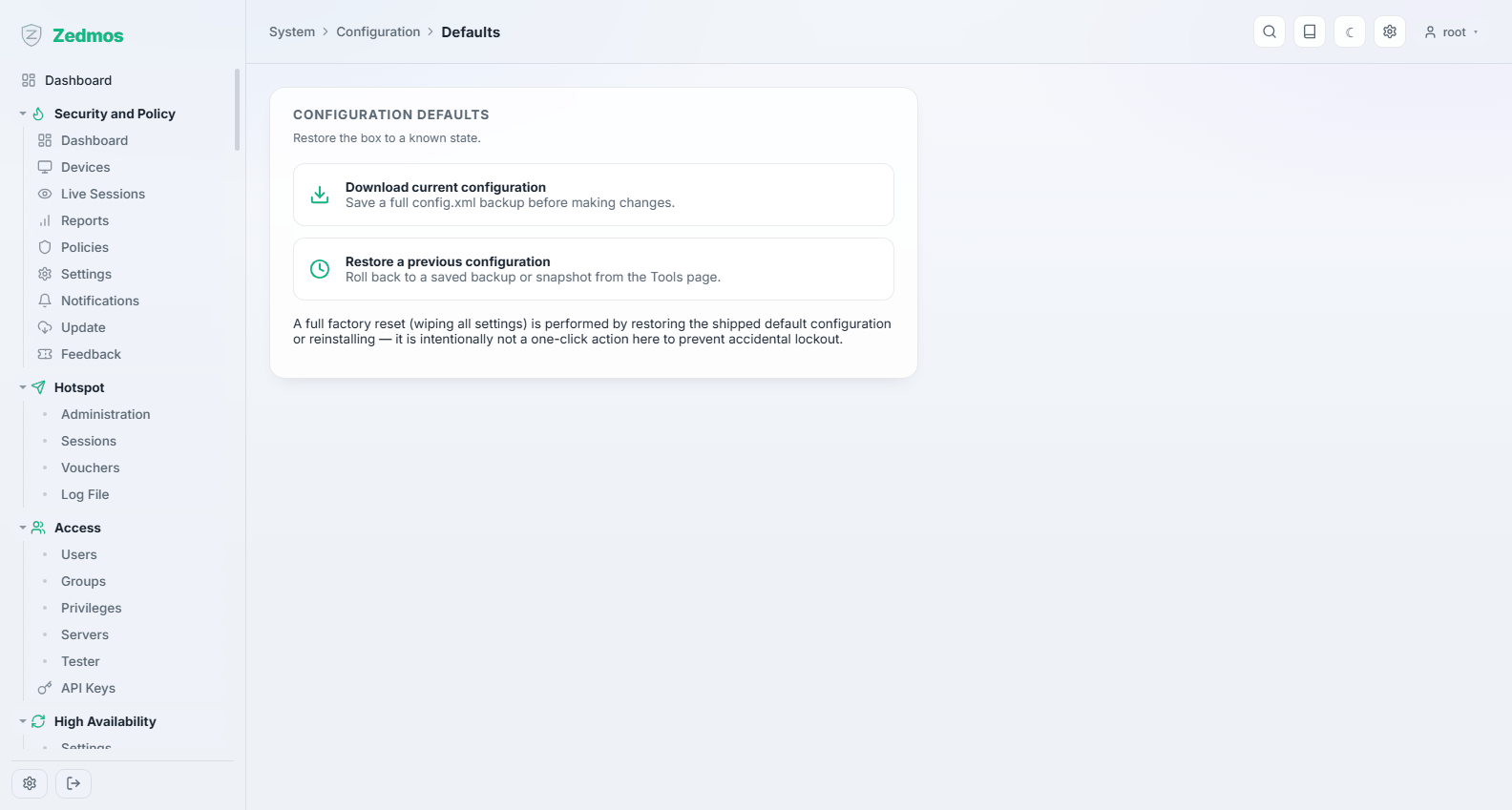 System: Configuration defaults