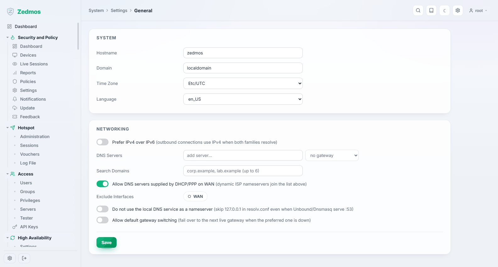 System: General settings
