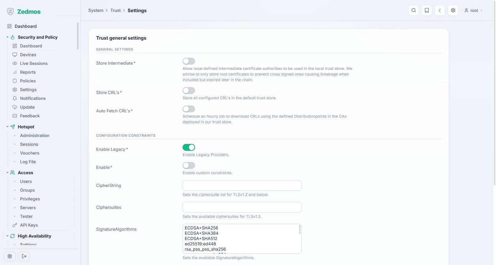 System: Trust settings